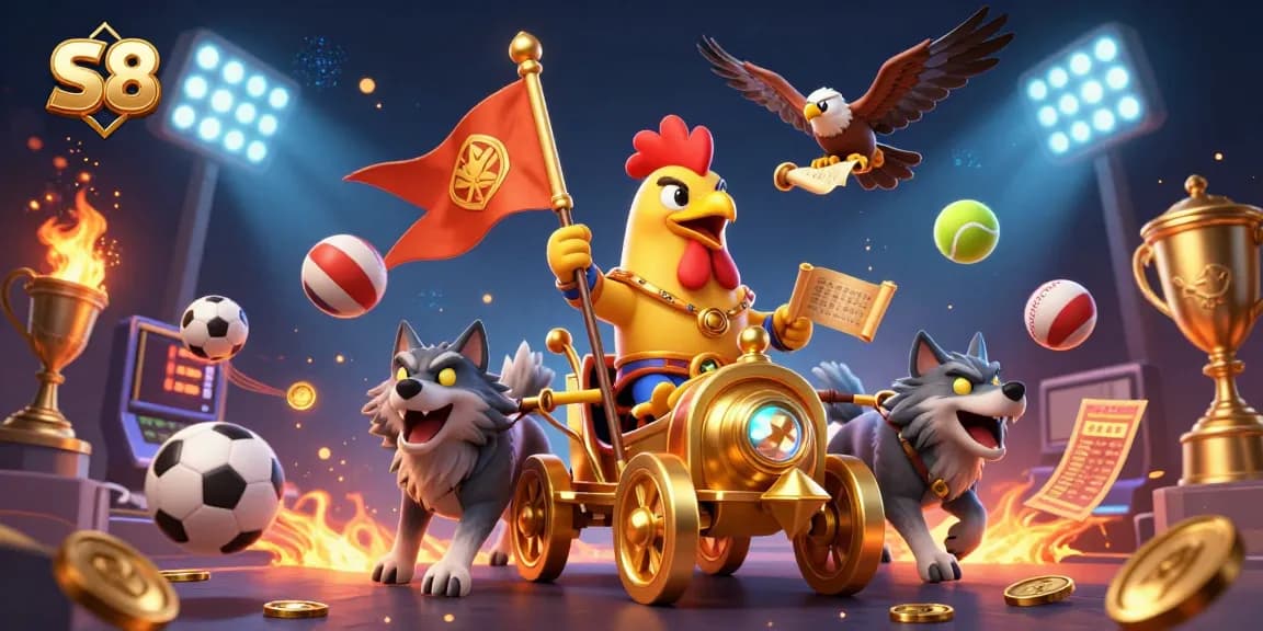 Engage with thrilling S8 betting action featuring a rooster warlord and dynamic sports elements.