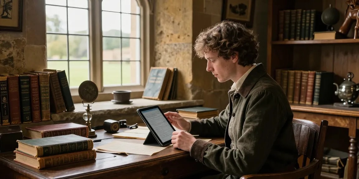 Explore historical content at https://tyntescastle.com with a reader engaged in rich cultural narratives.