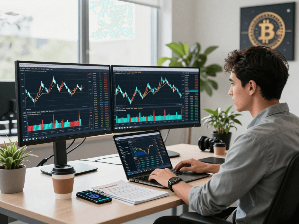 TradingView analysis setup with dual monitors and trading data in a modern workspace
