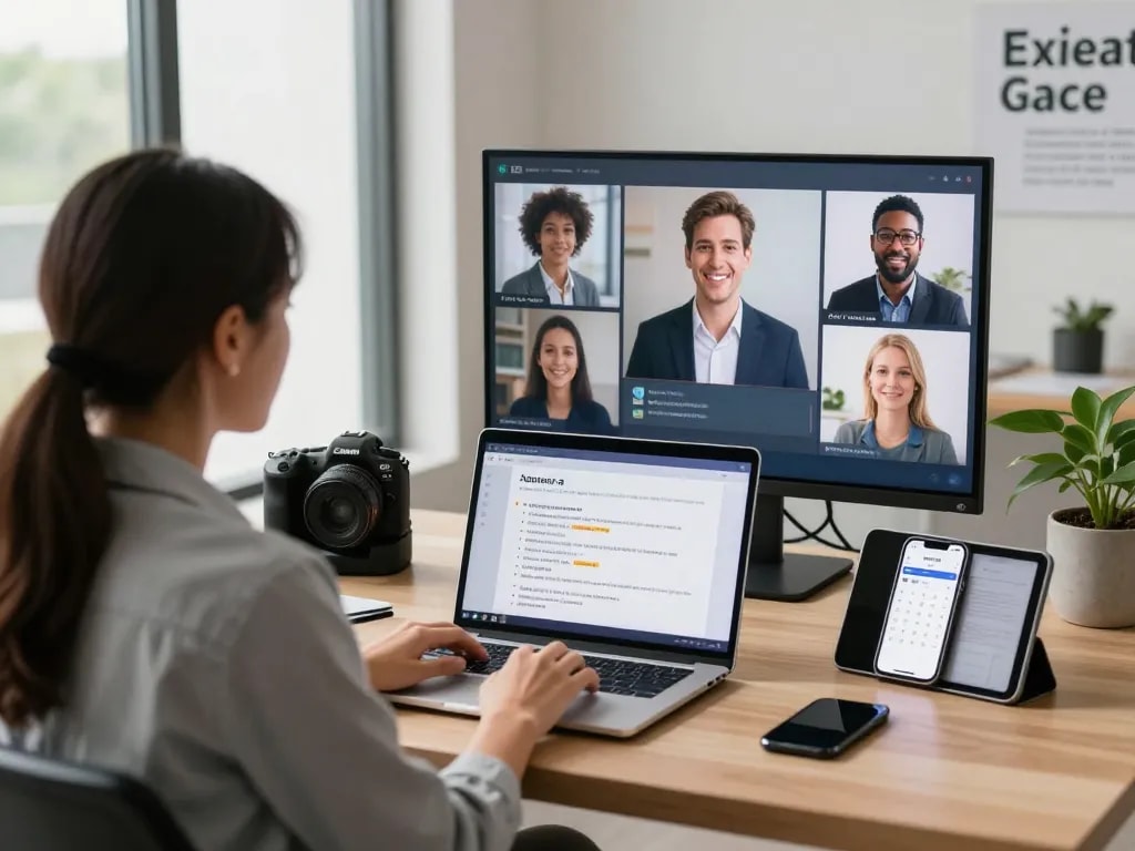 Candidate using ai interview assistant for real-time interview preparation in a modern office.