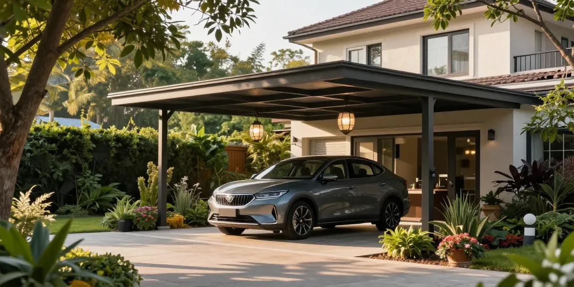 Attraktiver Carport mit modernem Fahrzeug und schöner Gartenumgebung.