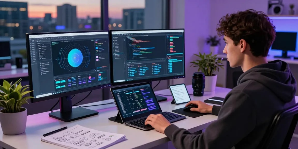 Software engineer analyzing data on NAGA2000 platform in a modern digital workspace.