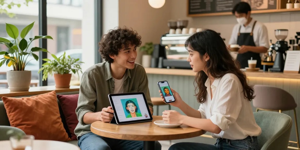 Young couple exploring AI gf content on devices in a cozy café.