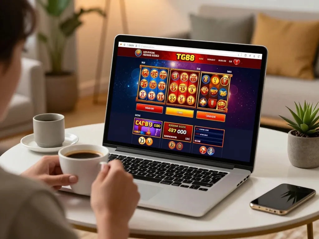 Engaging with the TG88 online casino platform on a laptop in a cozy home setting.