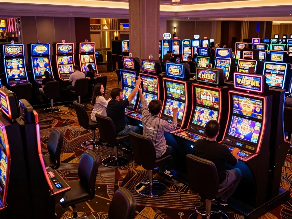 Players experiencing the thrill of slots at SuperJP casino, celebrating wins and engaging in gameplay.