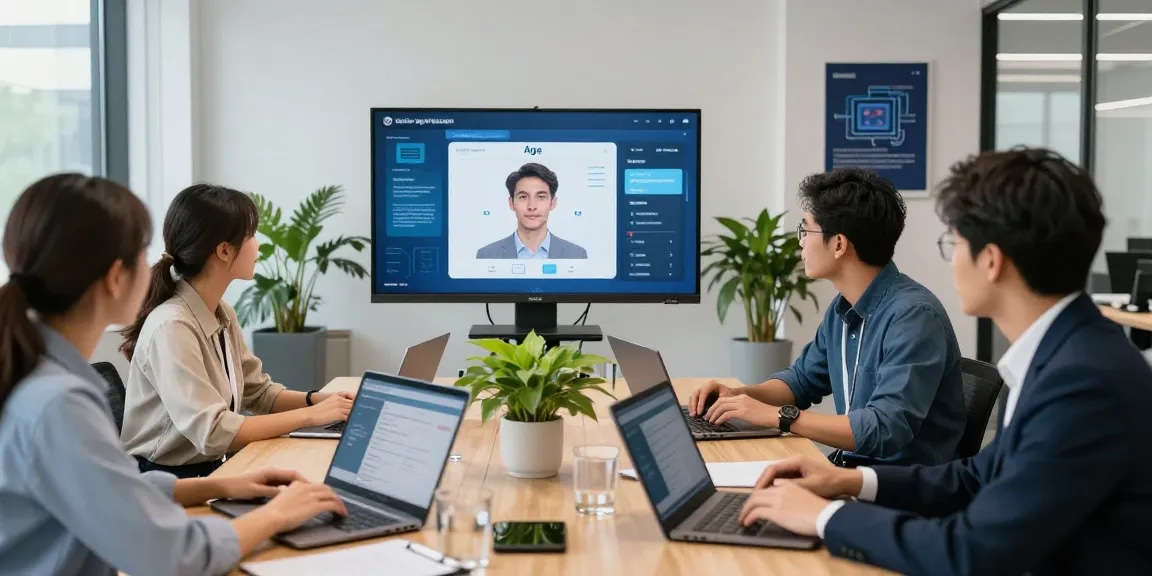 Team discussing age verification system implementation in a modern office setting