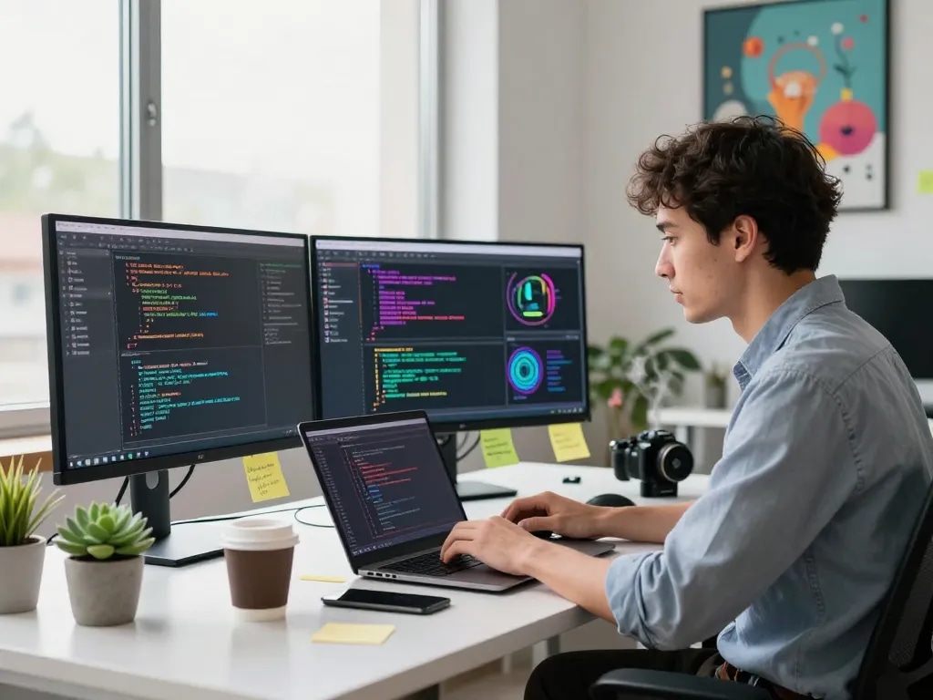 Innovative workspace showcasing an image to prompt ai setup with developer coding, monitors, and coffee.