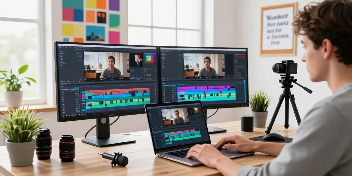 Content creator generating ai video prompts in a vibrant editing studio with dual monitors and filming equipment.