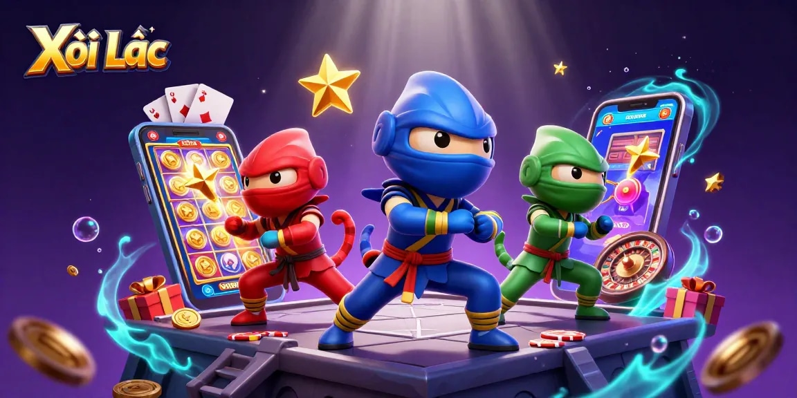 Xôi Lạc showcase featuring ninja chameleons amidst exciting casino elements and vibrant colors.