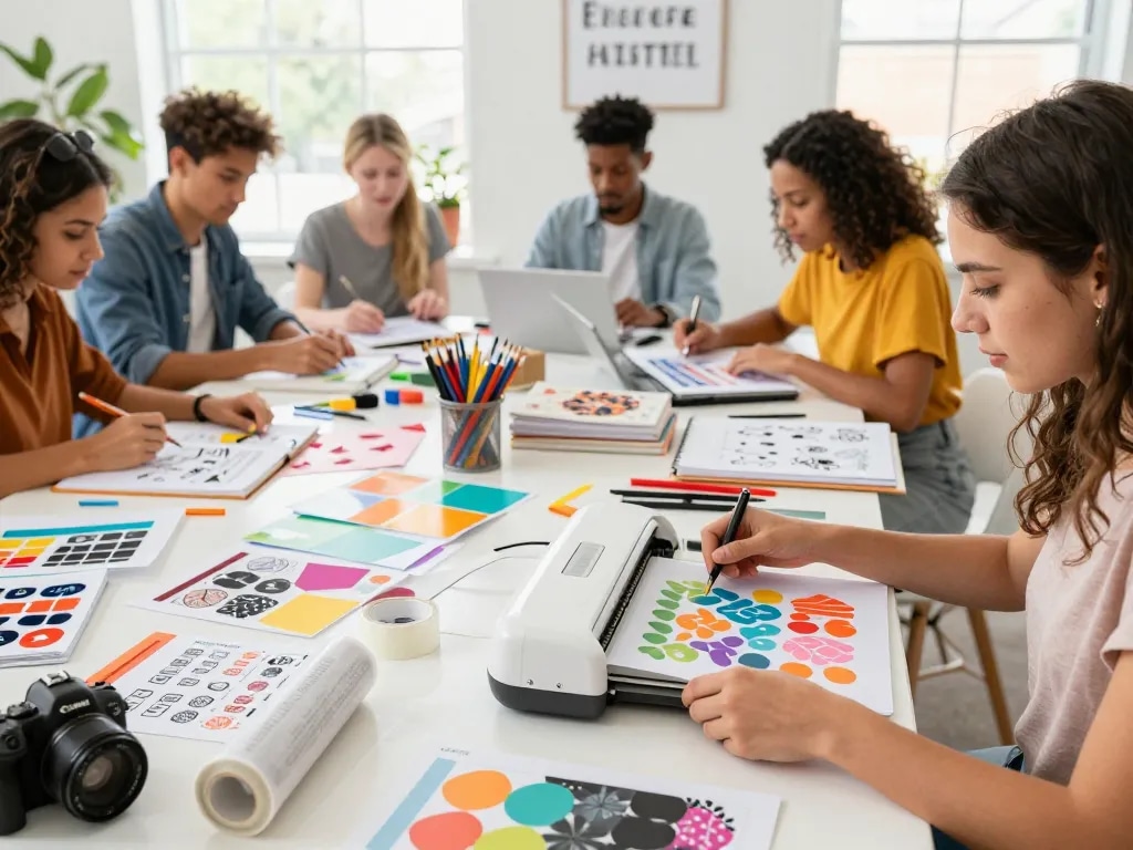 Group of crafters in a workshop creating colorful SVG bundle designs with Cricut machines.