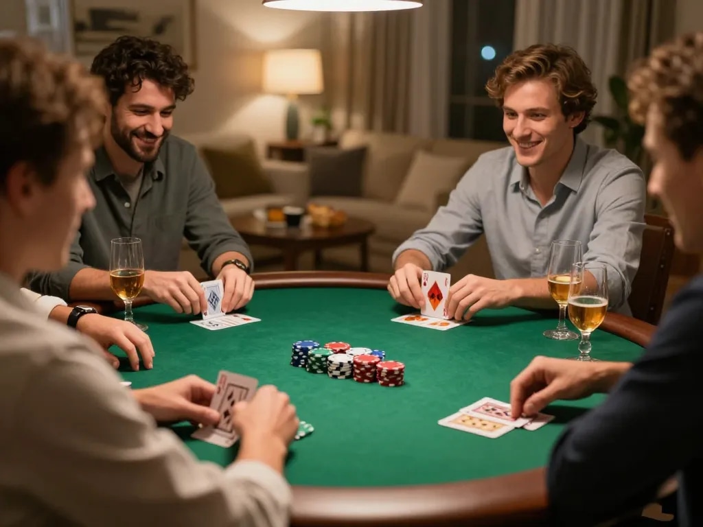 Friends enjoying a poker game at home, celebrating a win while playing sunwin.
