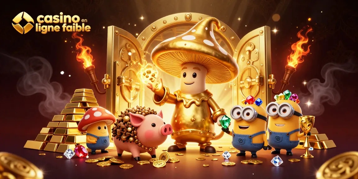 Illustration immersive du casino en ligne fiable montrant un wizard doré, un cochon de truffe et des gemmes scintillantes