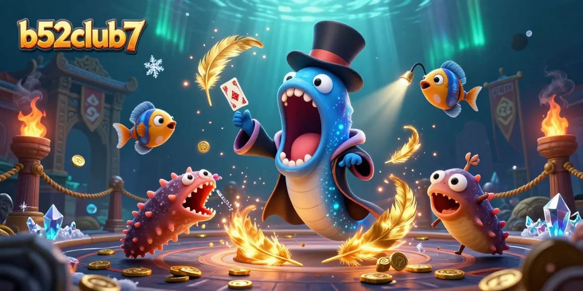 Experience thrilling card magic at b52club7 with vibrant underwater characters and casino elements.