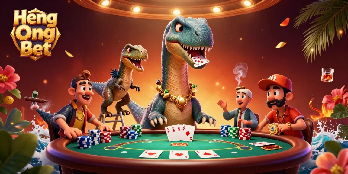 Experience the excitement of Heng Ong Bet with a vibrant 3D casino scene featuring lively characters and poker games.