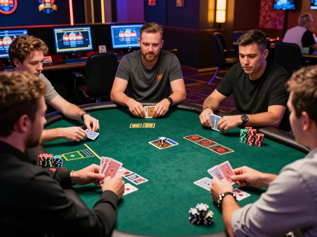 LV88 online casino players strategizing in an exciting blackjack game, showcasing intense gameplay.