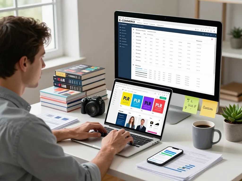Purchase PLR Content effectively with a vibrant home office setup showcasing eBooks and analytics.