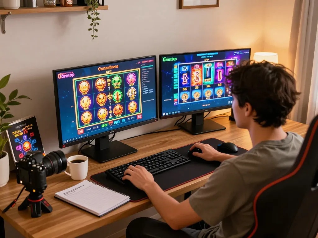 Player enjoying slots not on gamstop in a cozy home gaming setup, vibrant screen displaying various games