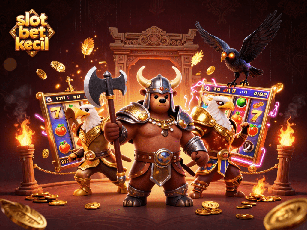 Slot taruhan kecil menarik dengan simbol jackpot di tengah aksi perjudian yang bersemangat.