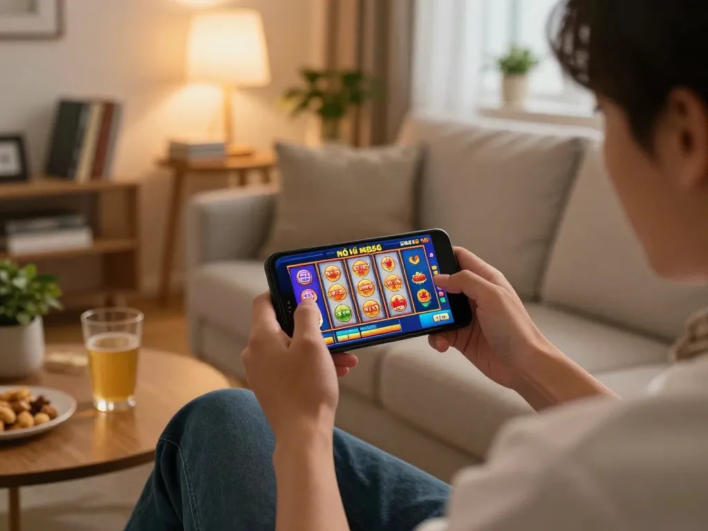 Engaging mobile gaming experience of nổ hũ mb66 on a smartphone in a cozy setting.
