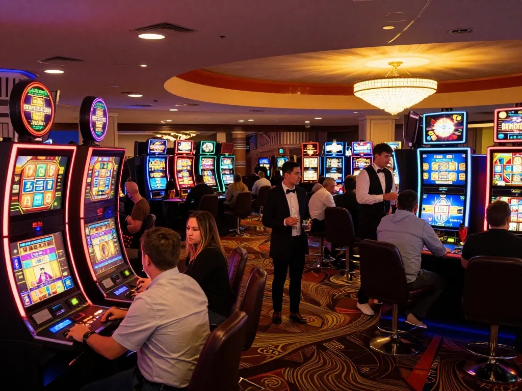 Players enjoying slot machines at cm88 casino, highlighting vibrant gaming atmosphere.