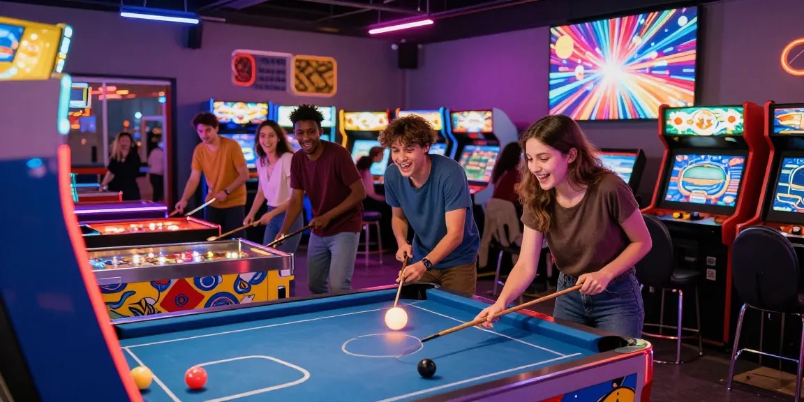 Engaged players enjoying arcade games in a lively entertainment center.