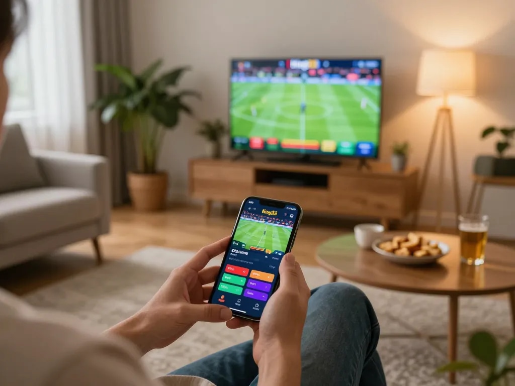 Engaging with king33 mobile betting app in a cozy home setting, smartphone showing live sports betting