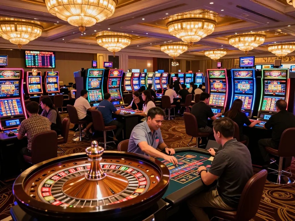 Paito macau results displayed prominently above players navigating the excitement of the casino.