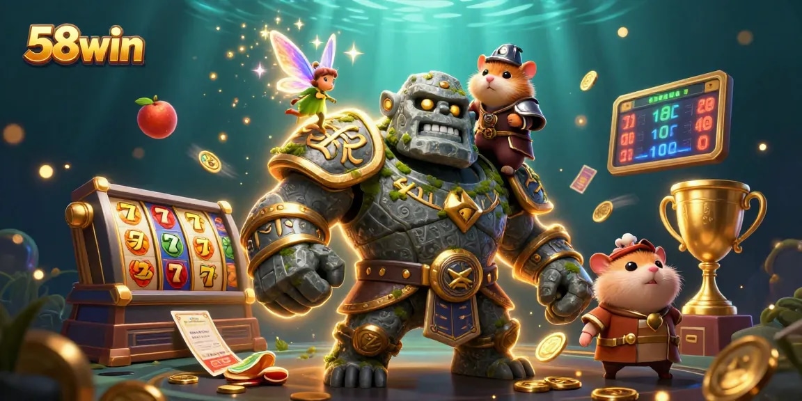 Experience the excitement of 58win with a magical golem guardian and whimsical characters.
