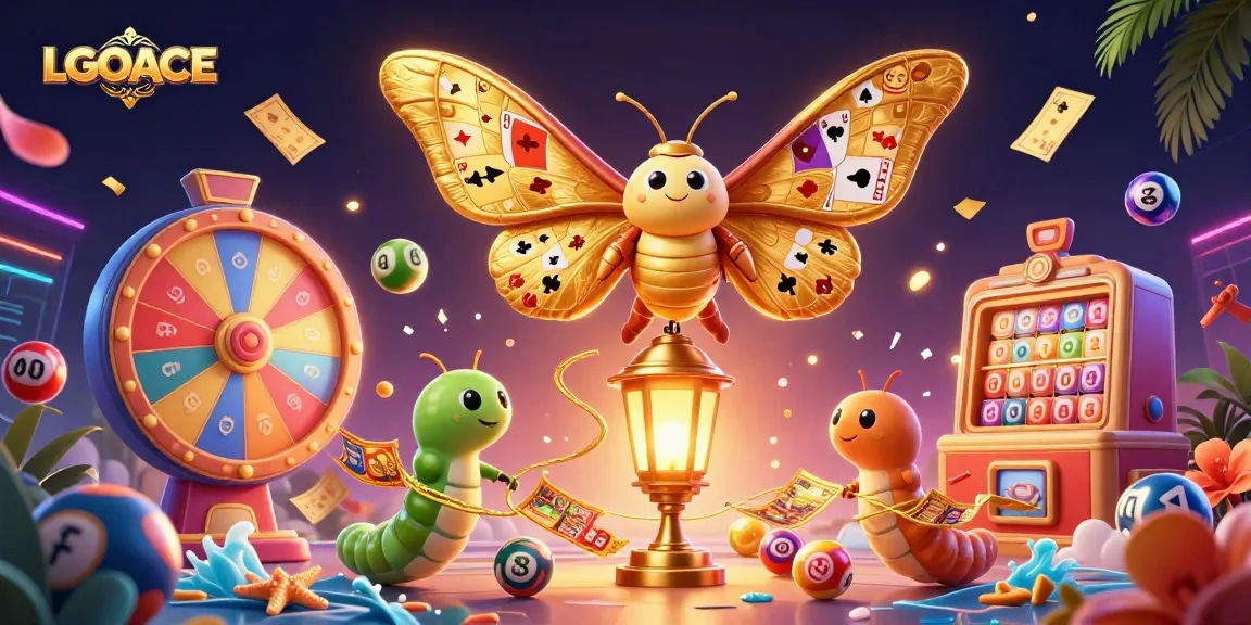 LGOACE players engage in lively casino excitement with vibrant lottery elements and a dynamic moth illustration.