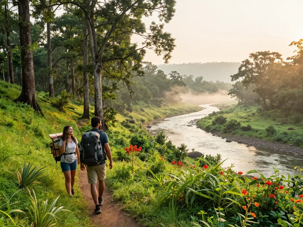 Dandeli's lush forests and couple hiking along the Kali River