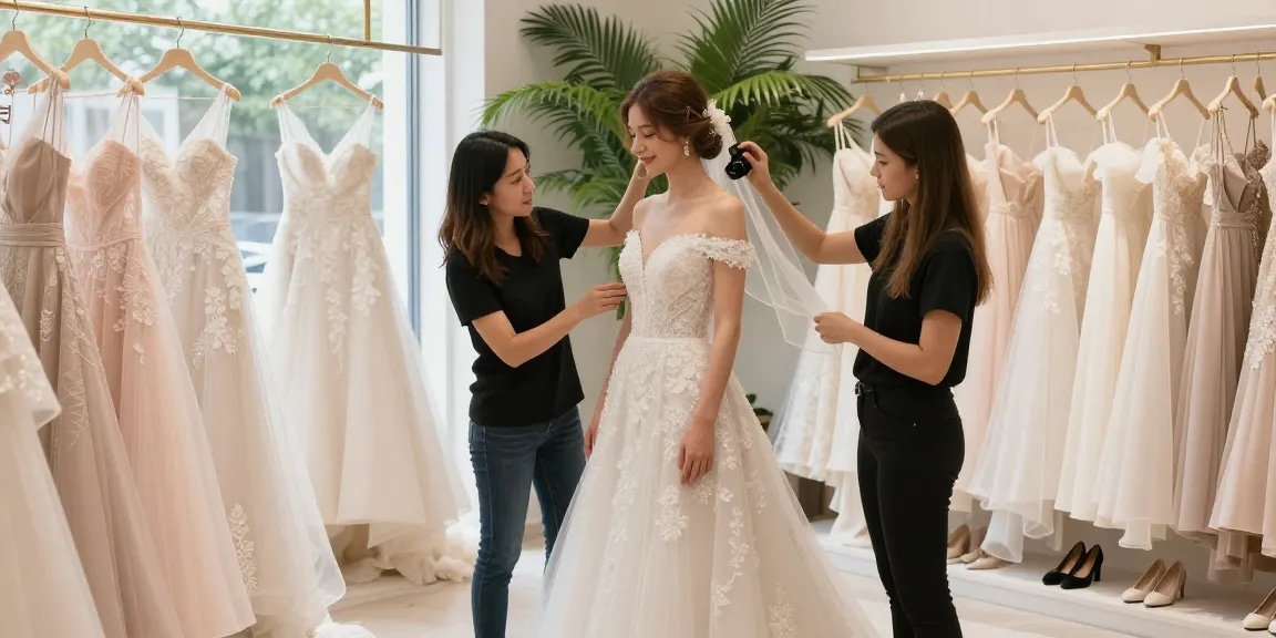 Consulenza di bridal styling con stilista che aiuta una sposa a scegliere accessori eleganti in un boutique luminosa.