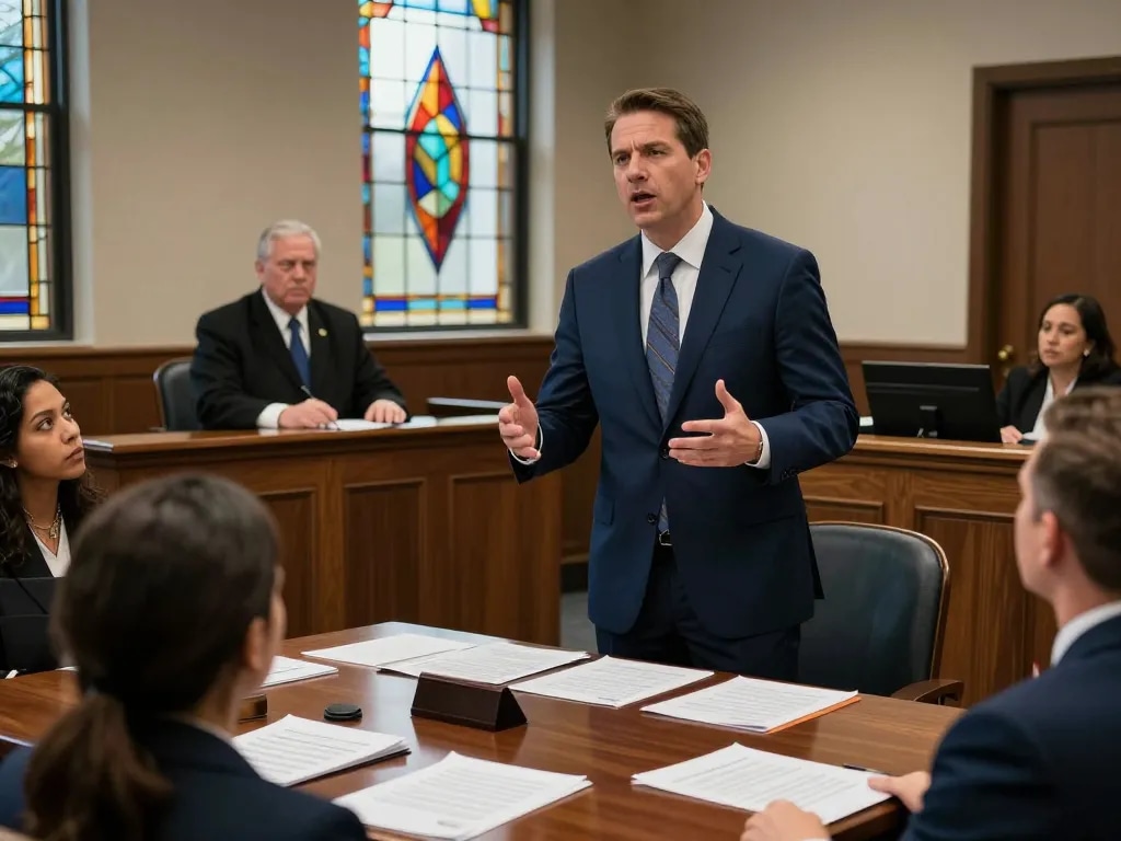 Tampa criminal defense lawyer presenting passionately in court, showcasing legal expertise and courtroom dynamics.