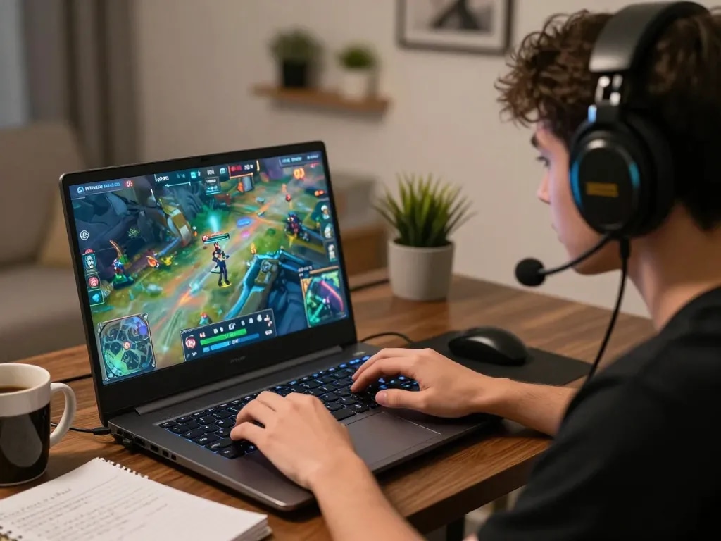 KPK100 online gaming session with a focused player interacting with laptop for strategic gameplay