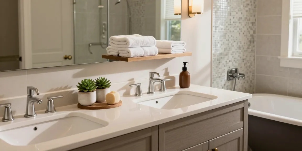 Stylish bathroom vanity with dual sinks and natural light, creating an elegant interior ambiance.