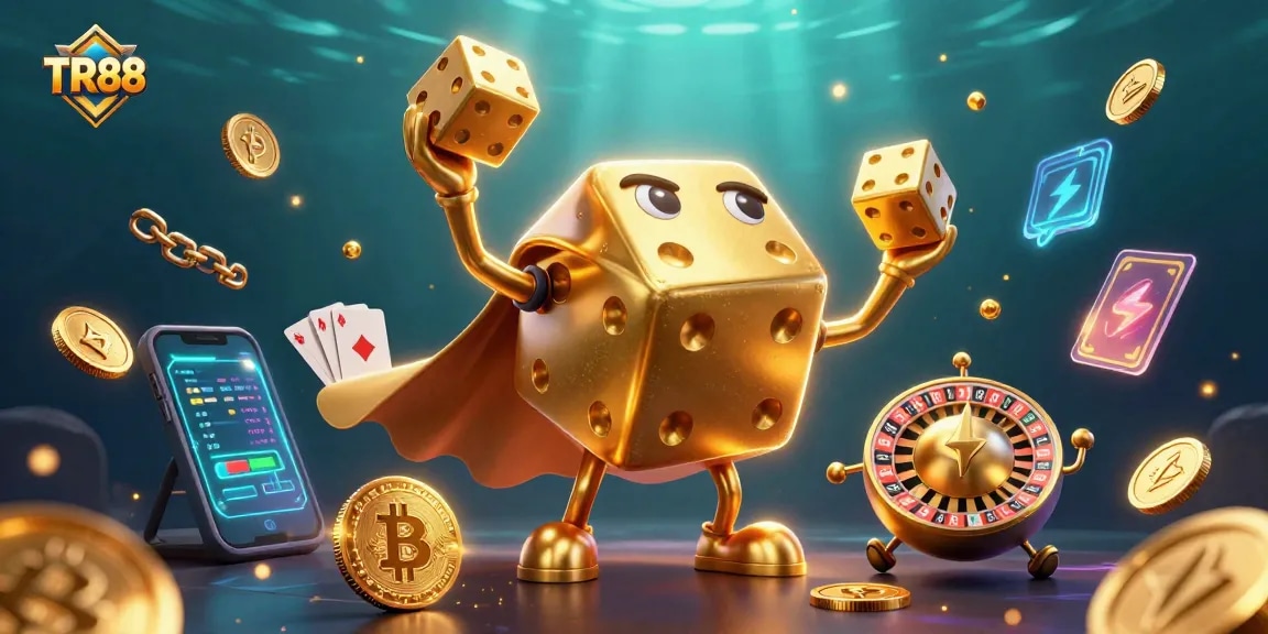 Experience TR88 with a vibrant 3D illustration highlighting digital casino elements.