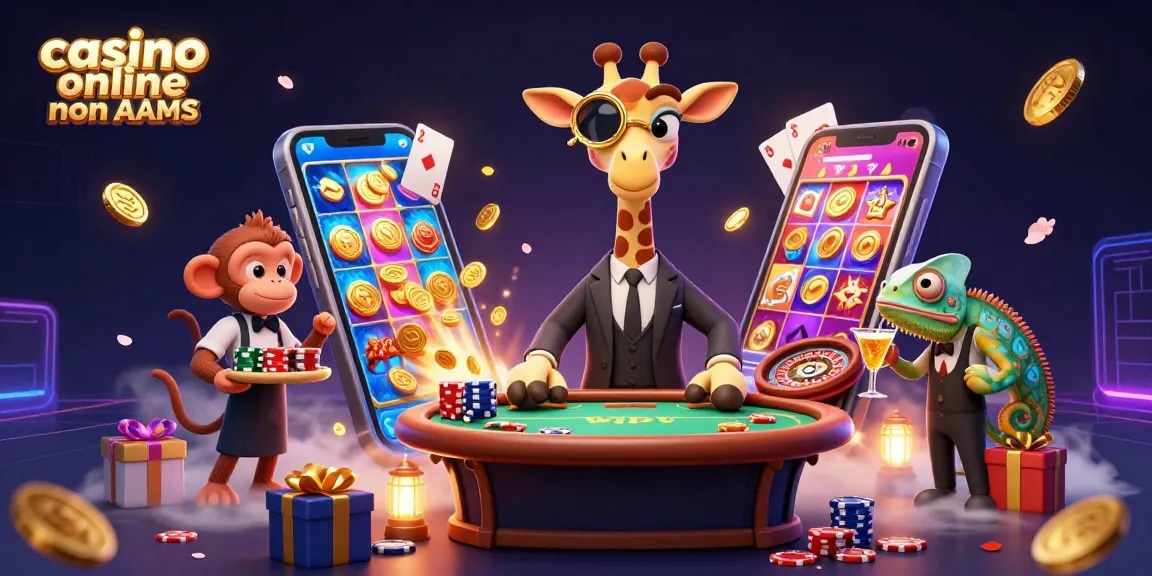 I casino online non AAMS mostrano una scena vivace con una giraffa high-roller e elementi di gioco vibranti.