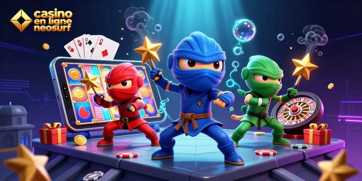 Jouez dans un casino en ligne Neosurf avec cette illustration dynamique de ninjas colorés et éléments de jeu.