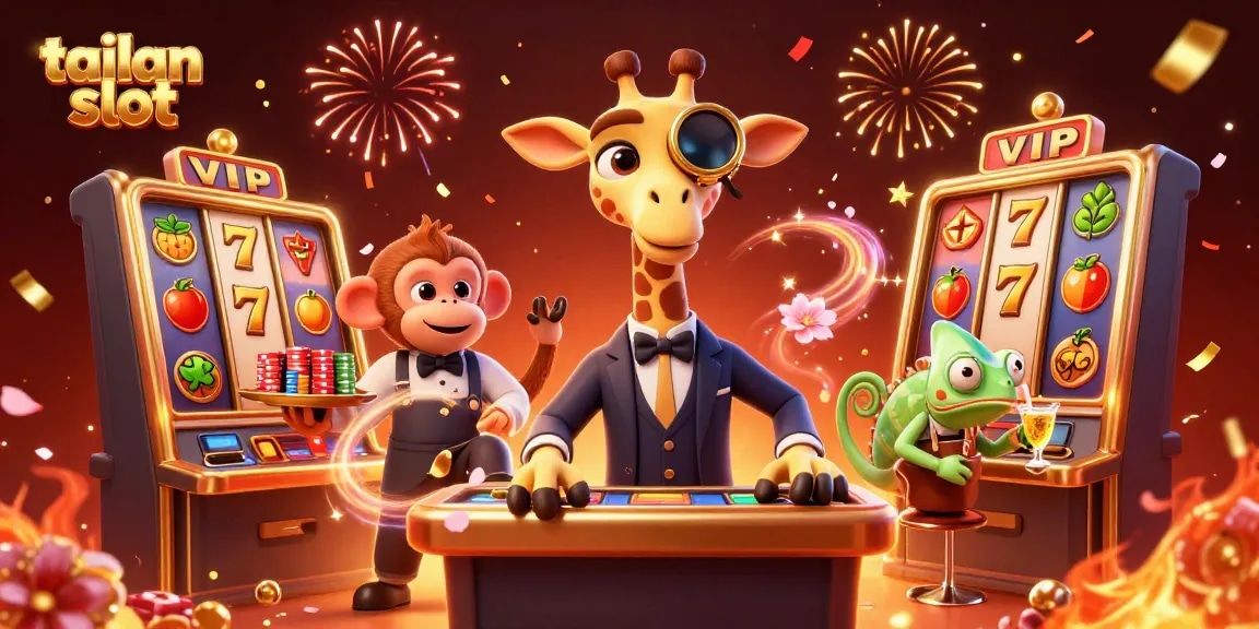 Engage with the thrilling tailan slot experience, featuring a high-roller giraffe and dynamic game elements in a vibrant casino scene.