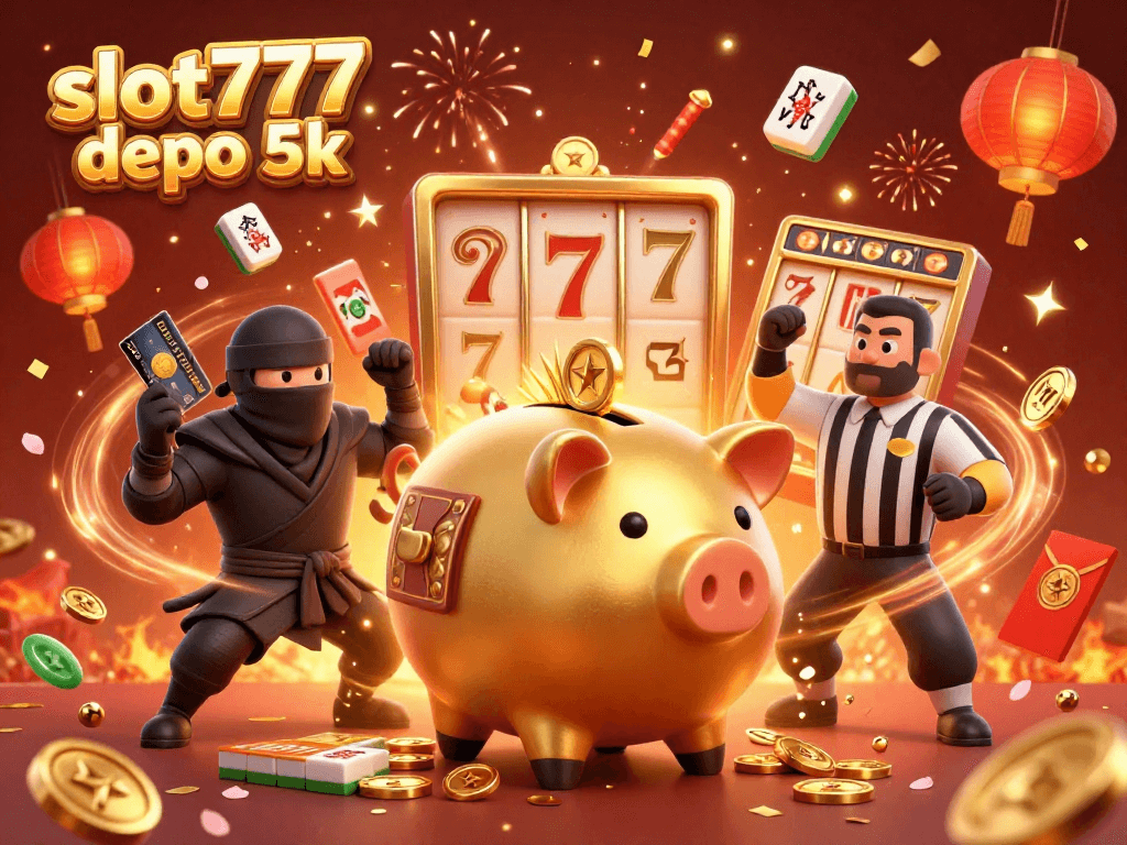 Experience the thrill of winning with slot777 depo 5k in this dynamic illustration of a golden piggy bank sumo wrestler and friends.