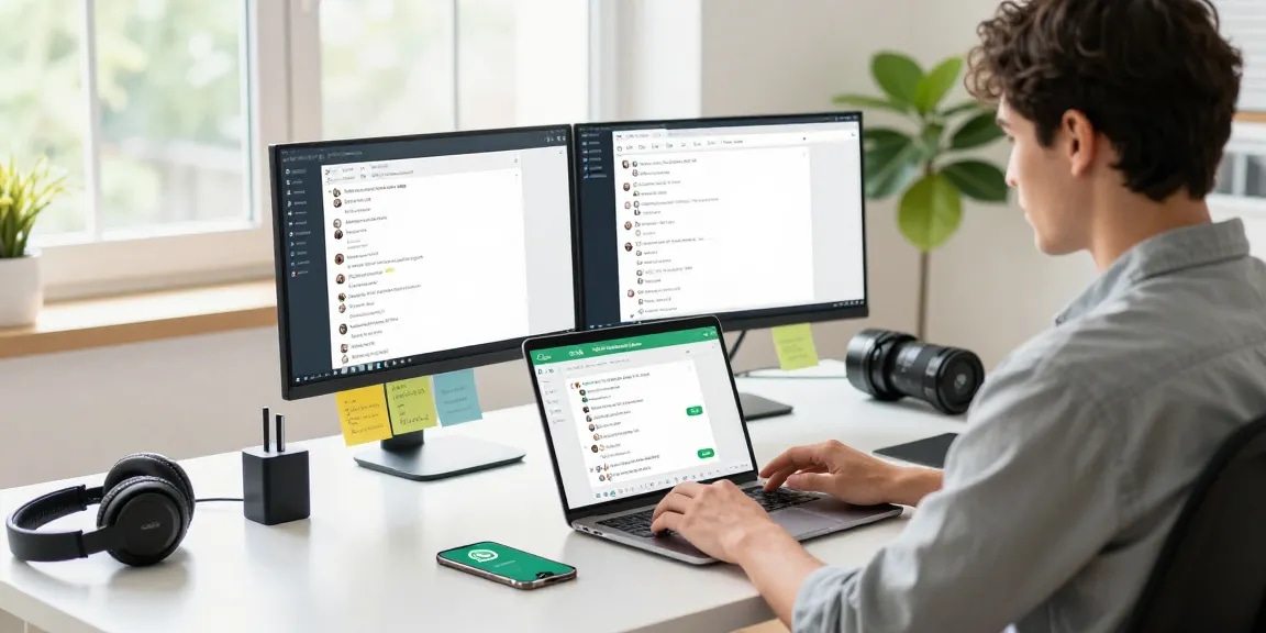 Efficient user engaging with WhatsApp網頁版 on laptop in a modern home office