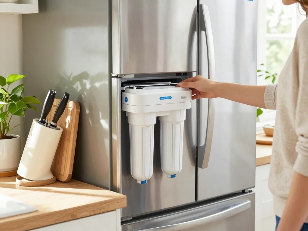 Person installing a Waterspecialist DA29-00003G Refrigerator Water Filter in a bright kitchen.