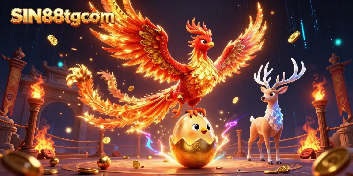 SIN88tgcom presents an exhilarating 3D scene of a vibrant phoenix and a mystical stag amidst casino-themed elements, igniting excitement for gamers.