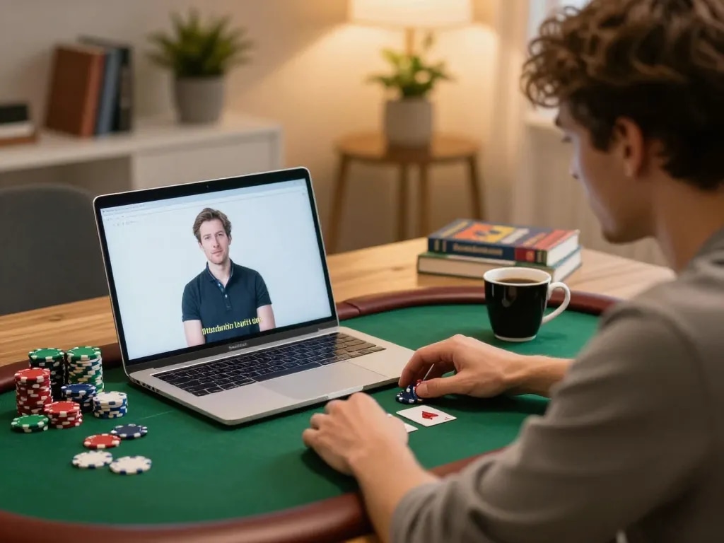 Player enjoying rokok 88 online poker game with warm lighting and cozy atmosphere.