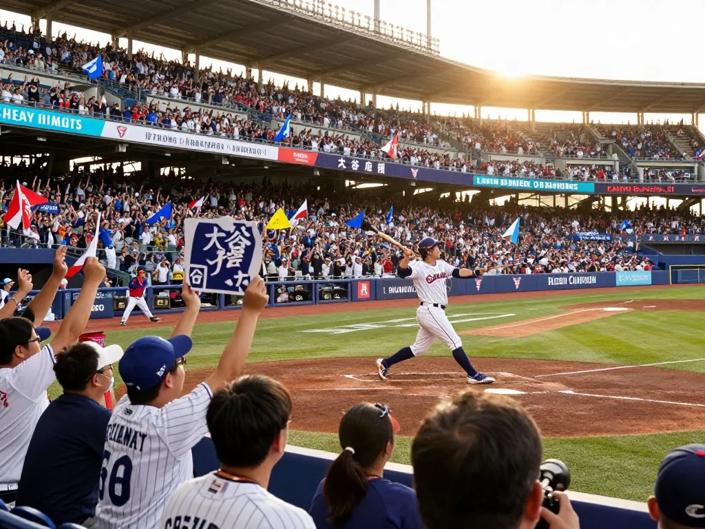 興奮の野球ゲームの瞬間に大谷翔平応援をしているファンたち。