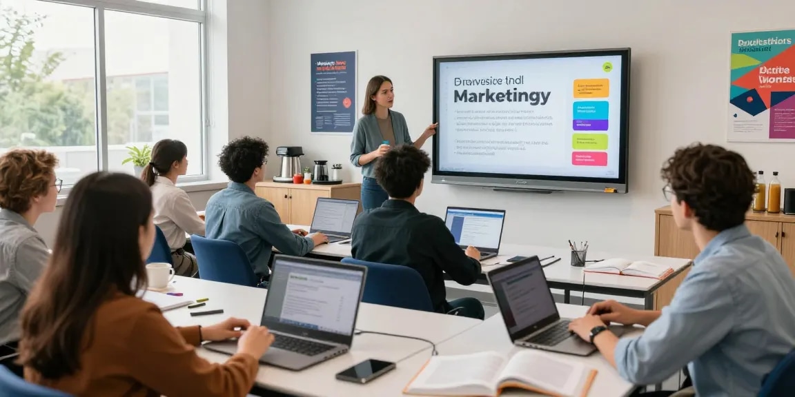 Engaged students learning high-conversion ad copy strategies in a modern classroom.