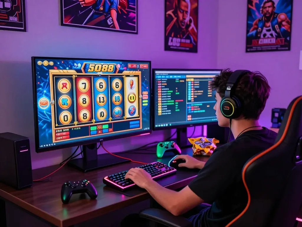 Gamer enjoying an exciting session of slot88 online game in immersive gaming setup.