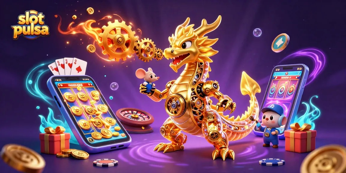 Permainan slot pulsa yang menguntungkan dengan naga emas mekanik dan gadget menarik lainnya dalam suasana kasino yang dinamis.