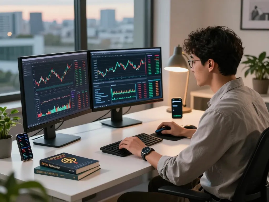 Person analyzing data in a modern office for a crypto earning platform, showcasing charts and gadgets to emphasize cryptocurrency trends.