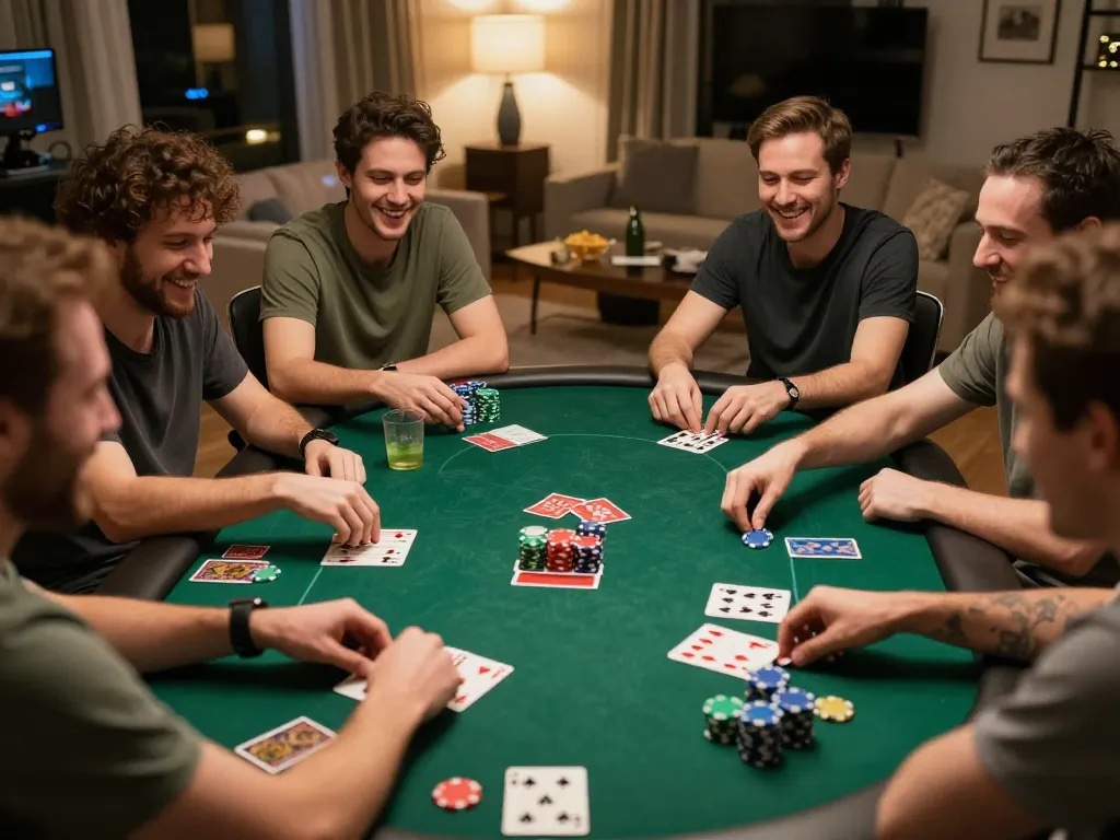 Friends enjoying a poker night at home with O8 gaming chips and cards