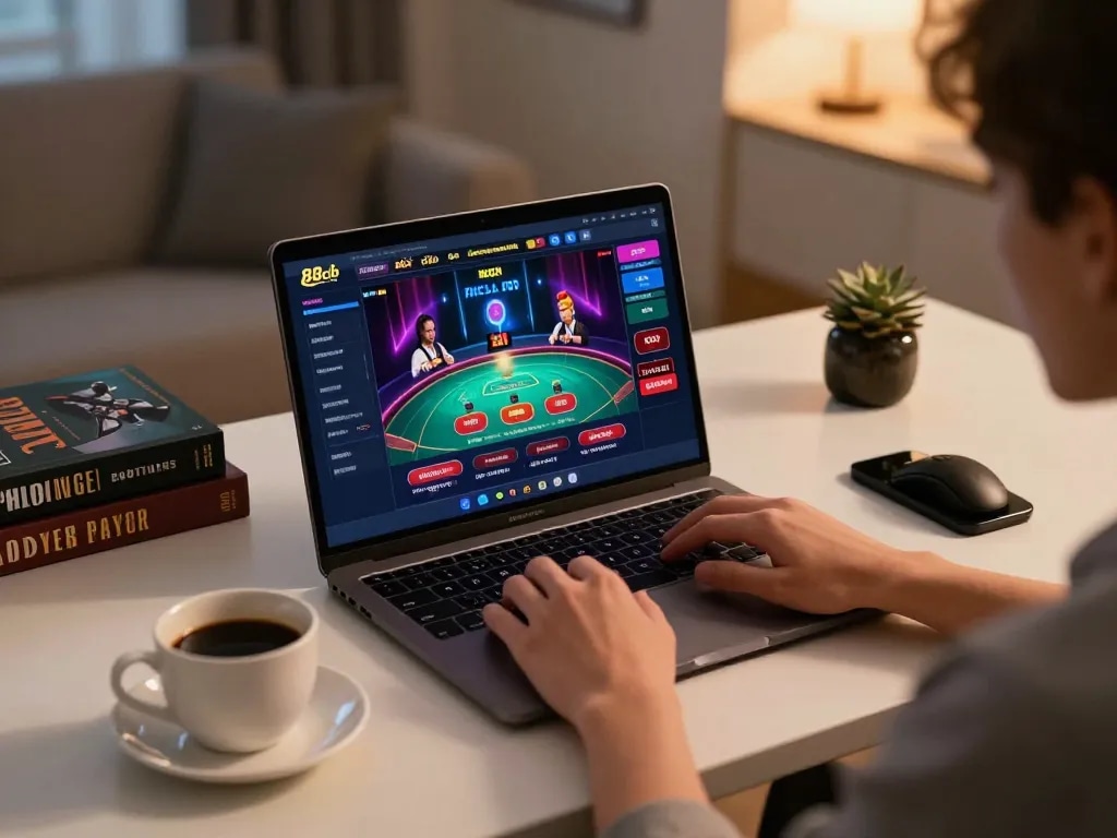 Player engaging with 88clb online casino on a laptop, showcasing responsible gaming environment.